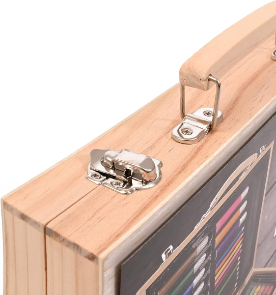 Wooden pencil case with metal clasp and visible pencils inside