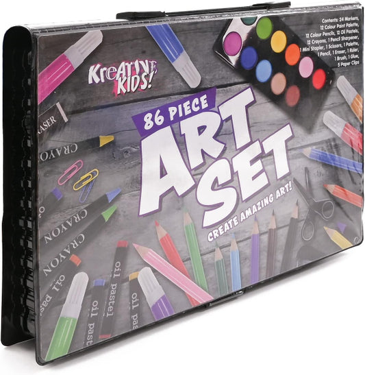 86 piece art set packaging with various art supplies on a gray background