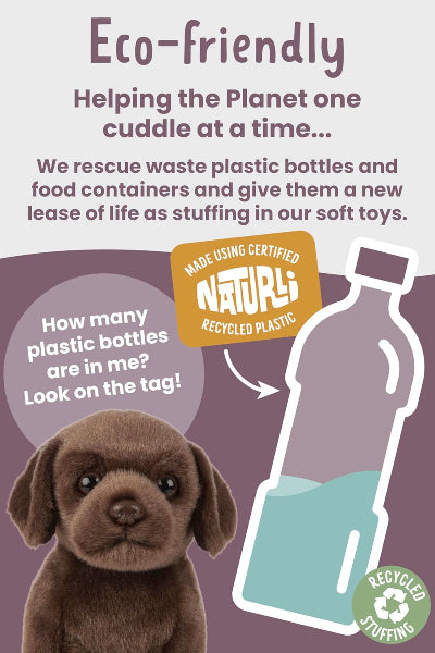 Eco-friendly plush toy with text about using recycled plastic bottles and containers.