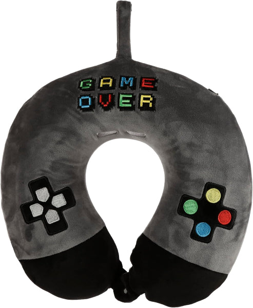 Gray neck pillow with game controller designs and 'Game Over' text on a white background
