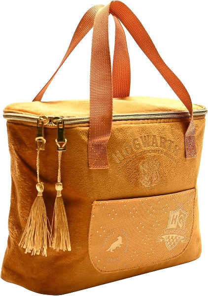 Brown tote bag with 'Hogwarts' and 'HG' logos on a white background