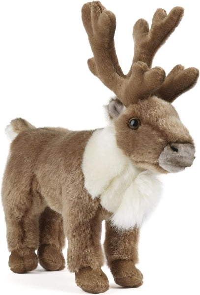 Plush reindeer toy with brown fur, white accents, and large antlers on a white background