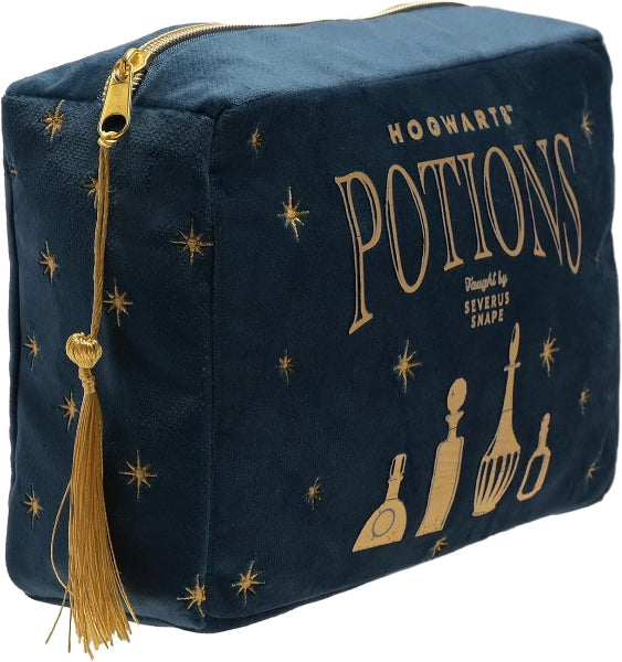 Blue pouch with gold text and designs, featuring a tassel, on a white background.