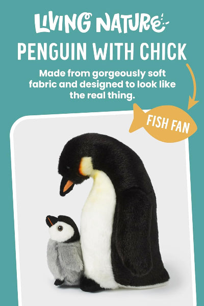 Plush penguin with chick on a white background with text about the product.