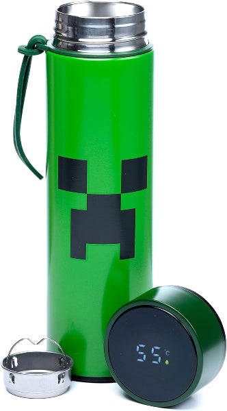 Green thermos with black face design and digital temperature display on a white background