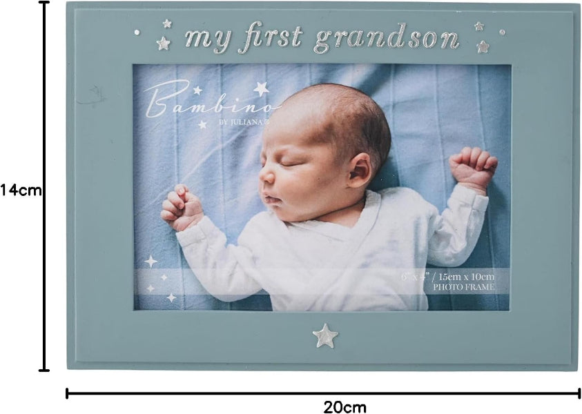A personalized photo frame for a first grandson in a dusty blue color, featuring a picture of a sleeping baby on a blue blanket. The top of the frame reads 'my first grandson' with small silver stars, and the bottom shows a silver star.