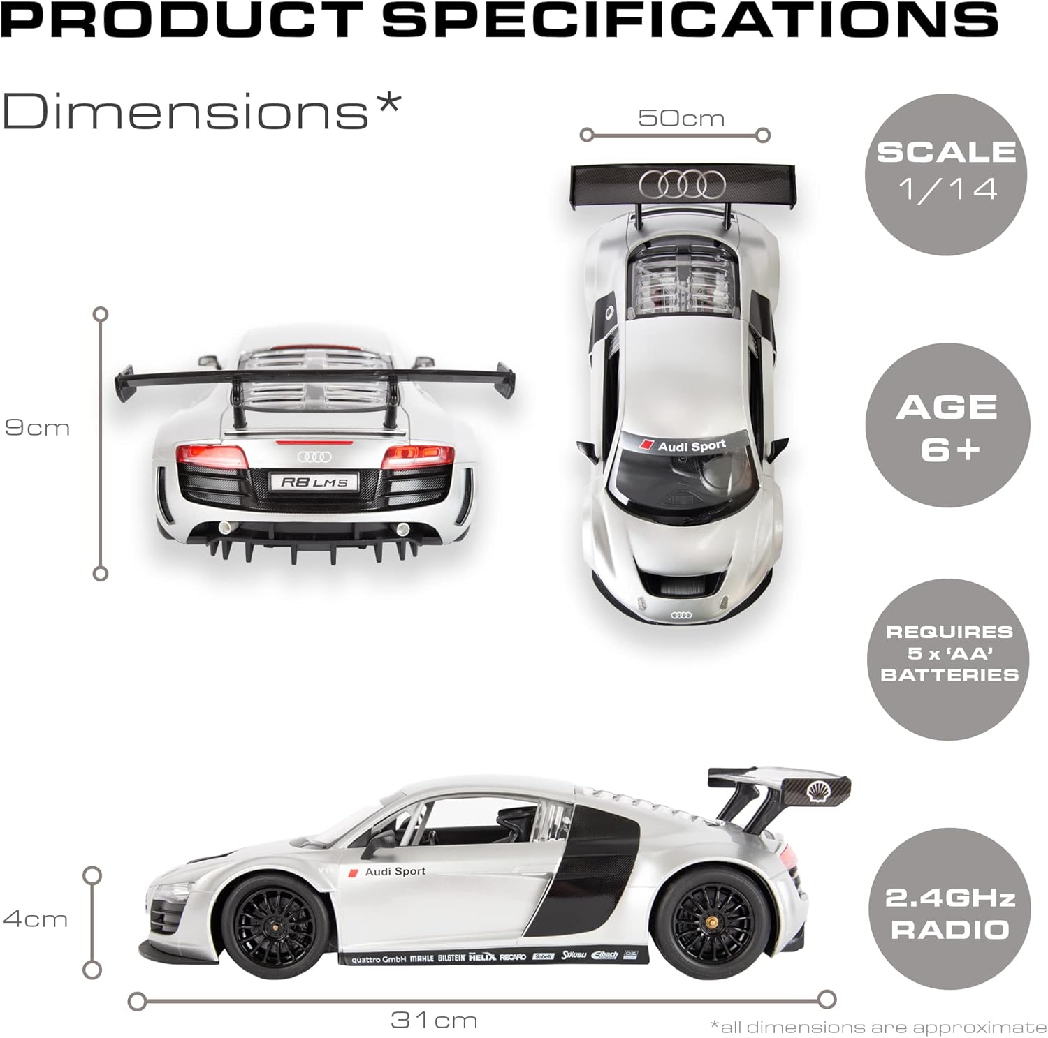Audi R8 LMS model car with dimensions and specifications on a white background