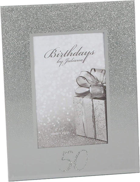 Silver glittery photo frame with a gift illustration and text 'Birthdays by Juliana'.