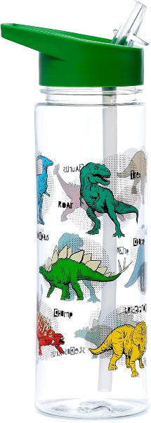 Clear water bottle with dinosaur illustrations and a green lid