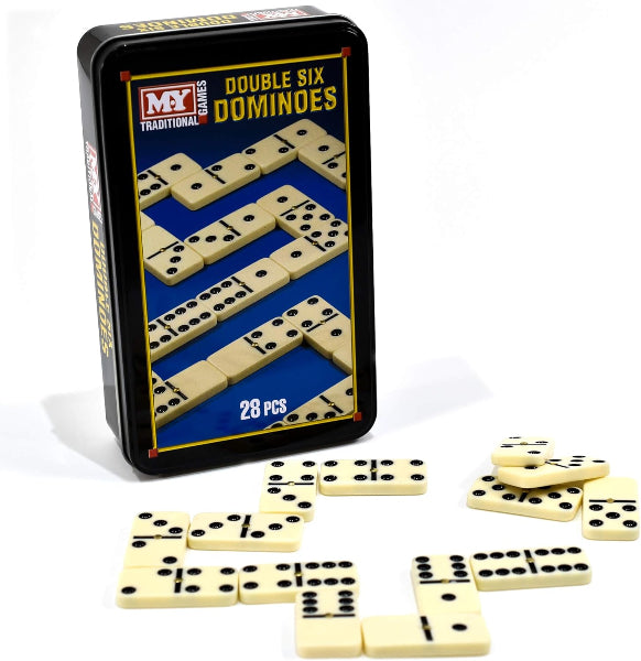 Double Six Dominoes set with packaging on a white background