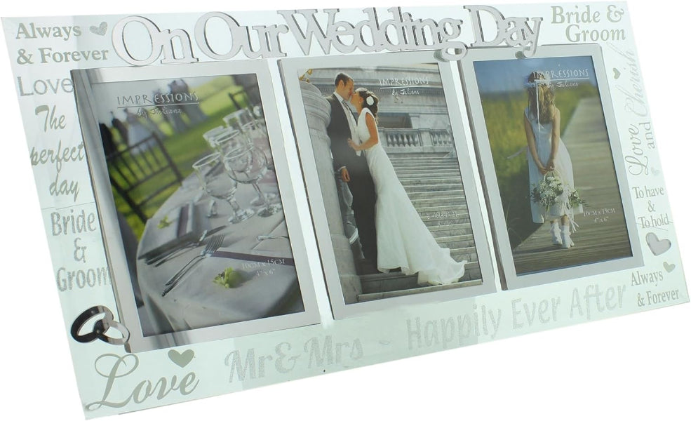 Wedding-themed photo frame with three pictures and decorative text.
