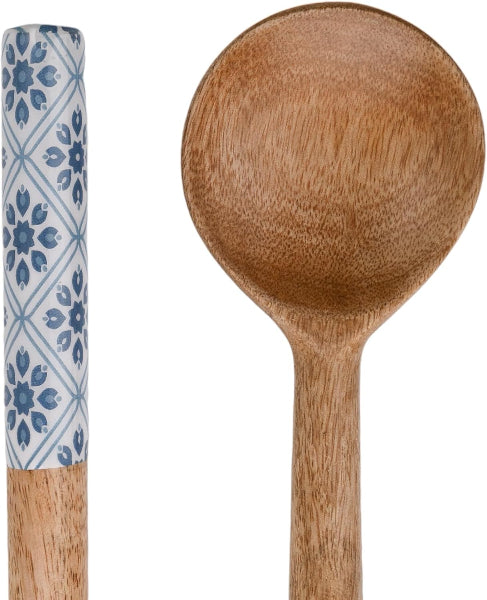 Wooden spoon with a floral patterned handle on a white background