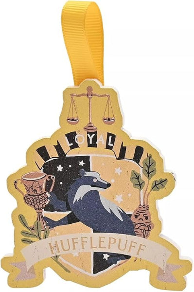 Hufflepuff house emblem with a yellow ribbon on a white background