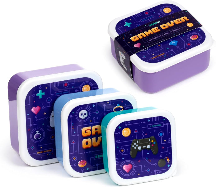 Set of colorful tins with 'Game Over' design on a white background