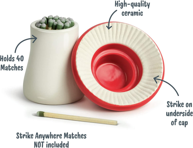 Matches holder with red interior and white exterior, featuring text on quality and usage.