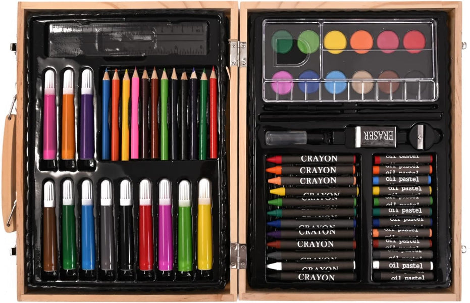 Art supply set with pencils, crayons, and watercolors in a wooden case.