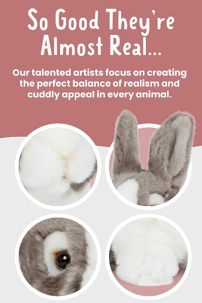 Product advertisement with a plush rabbit toy and close-up images on a pink background.