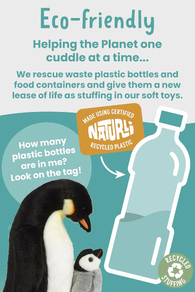 Eco-friendly soft toy packaging with penguins and recycled plastic bottle illustration, featuring text about sustainability.