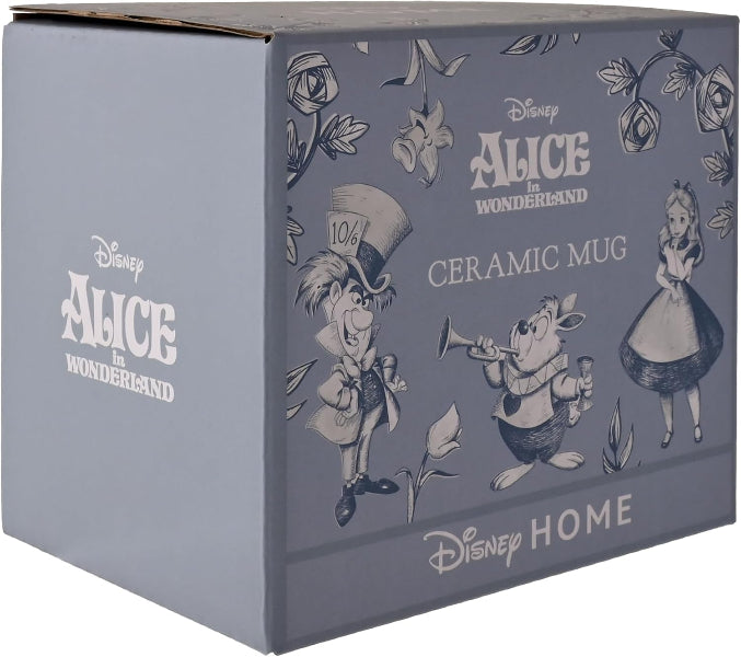 Ceramic mug packaging featuring Disney's Alice in Wonderland design.