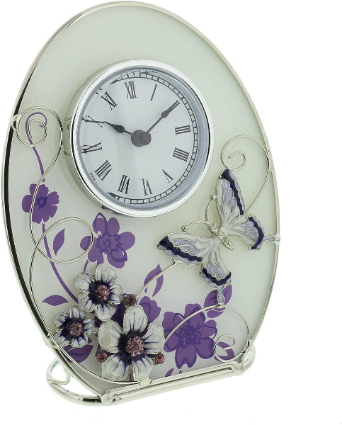 Beautiful Juliana oval glass clock decorated with purple flowers, crystals and a butterfly