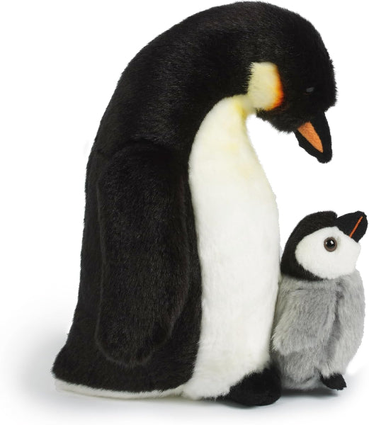 Two plush penguins, one larger and one smaller, on a white background