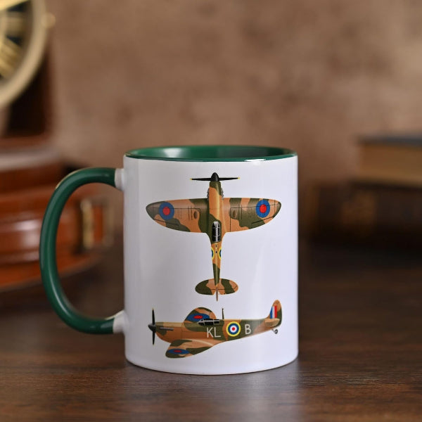 Mug with vintage airplane design on a wooden surface
