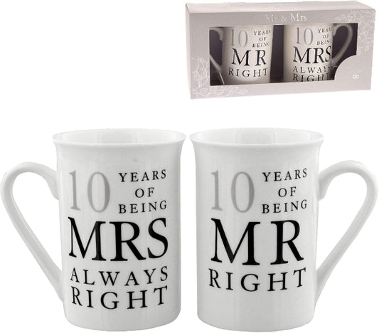 Juliana Amore 10th Wedding Anniversary Set of 2 China Mugs 'Mr Right & Mrs Always Right'