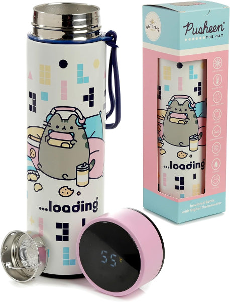 Tumbler with Pusheen design and digital thermometer, displayed with packaging.