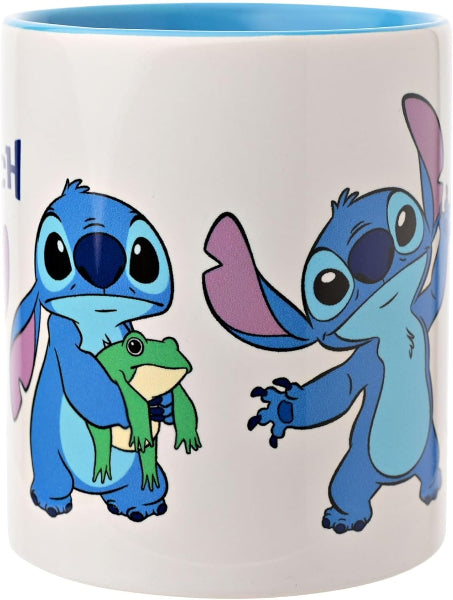 Mug with cartoon character holding a frog on a white background
