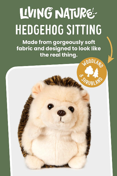 Plush hedgehog toy with text about its material and design on a green background