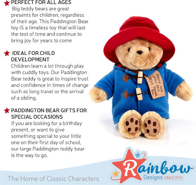 Paddington Bear toy with text about its suitability for all ages and child development, and a mention of Rainbow Designs.