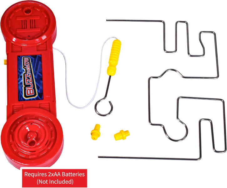 Red buzzer-style game component with wires and metal pieces on a white background