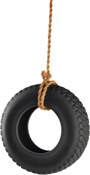 Black tire swing with a rope on a white background