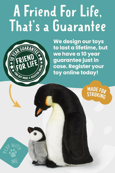 Stuffed penguin toys with promotional text about a 10-year guarantee on toys, on a white background.