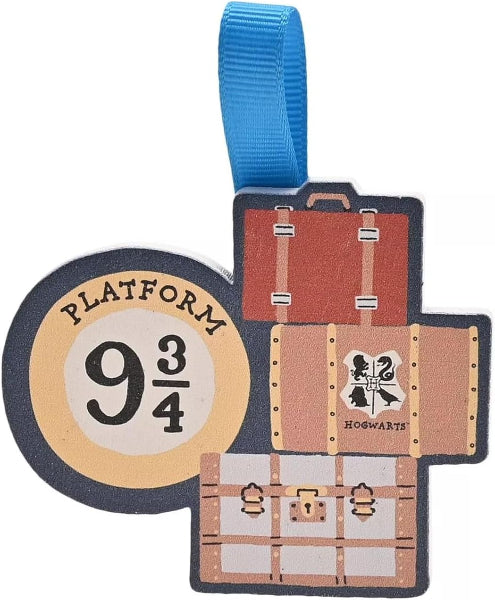 Luggage tag with Hogwarts express design and Platform 9 3/4 text on a white background