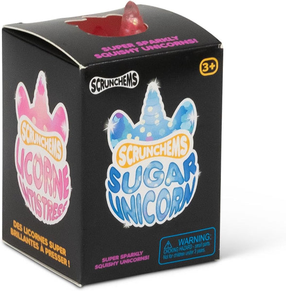 Black box packaging of Scrunchems Sugar Unicorn toy with colorful text and graphics.