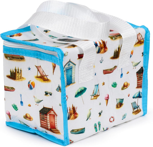Storage cube with beach-themed design on a white background