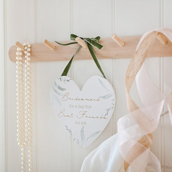 Widdop & Co. Love Story Bridesmaid Heart Hanging Wooden Plaque with Green Velvet Ribbon