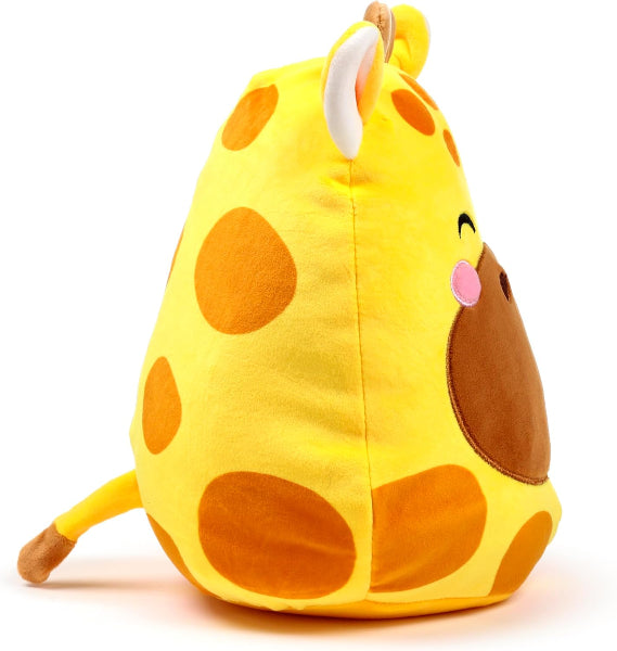 Yellow plush toy with brown spots on a white background
