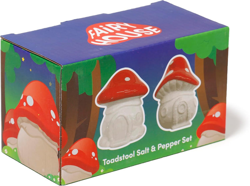 Box of Fairy House Toadstool Salt & Pepper Set with mushroom design