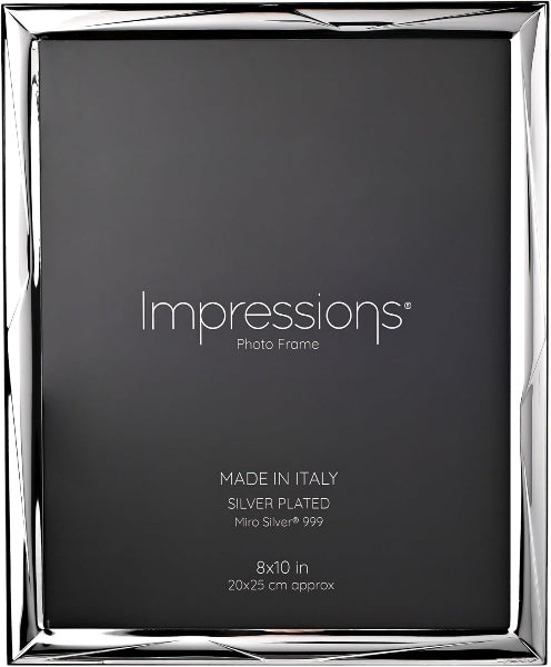 Silver photo frame with 'Impressions' branding on a black background