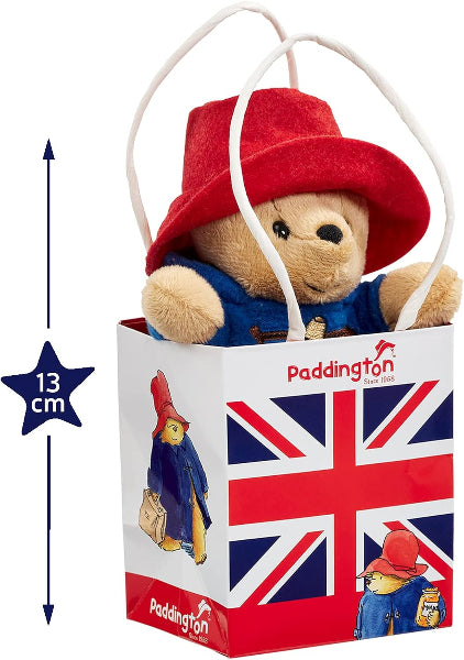 Paddington Bear toy in a Union Jack gift bag with size indicator