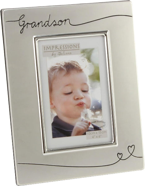 Silver photo frame with 'Grandson' text and a child's picture inside.