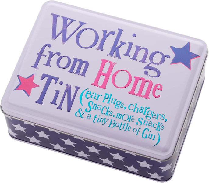 Tin box with 'Working from Home' text and star design on a white background