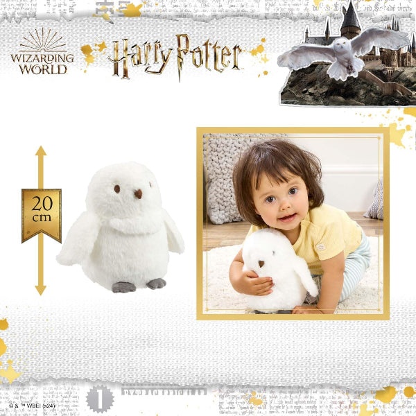 Harry Potter plush toy with a child holding it, surrounded by castle and owl graphics.