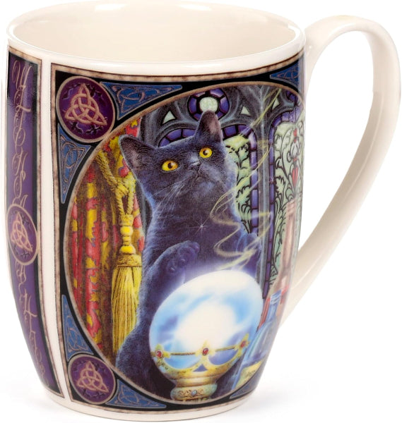 Mug with a cat and mystical design on a white background