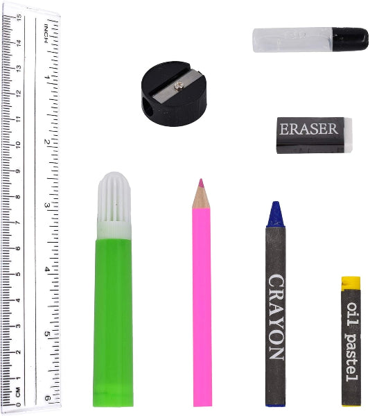 Collection of stationery items including a ruler, sharpener, markers, eraser, and colored pencils on a white background.