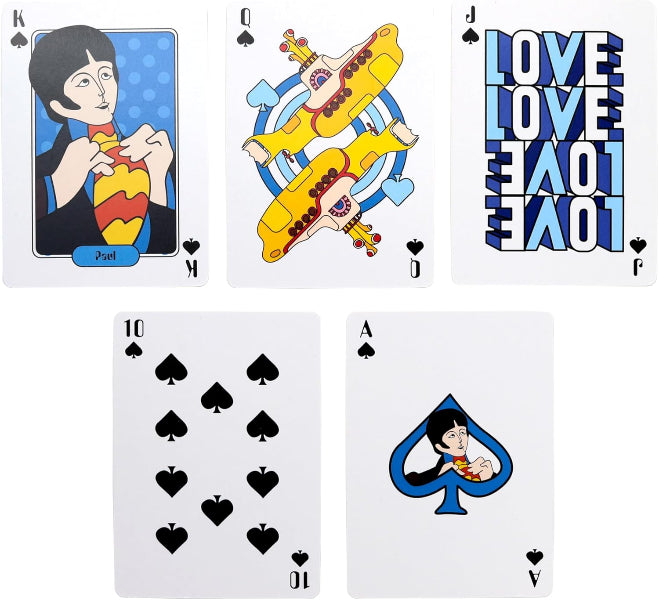 Collection of playing cards featuring unique designs, including a character with a heart, a yellow submarine, and text.