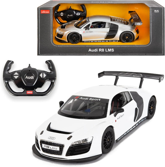 Audi R8 LMS remote control car with packaging and steering wheel on a white background
