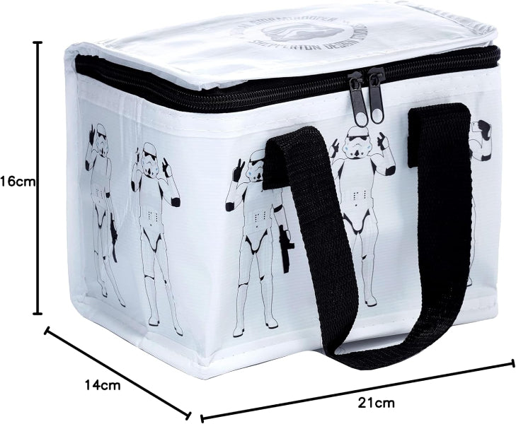 White cooler bag with stormtrooper design and black handles, shown with dimensions.